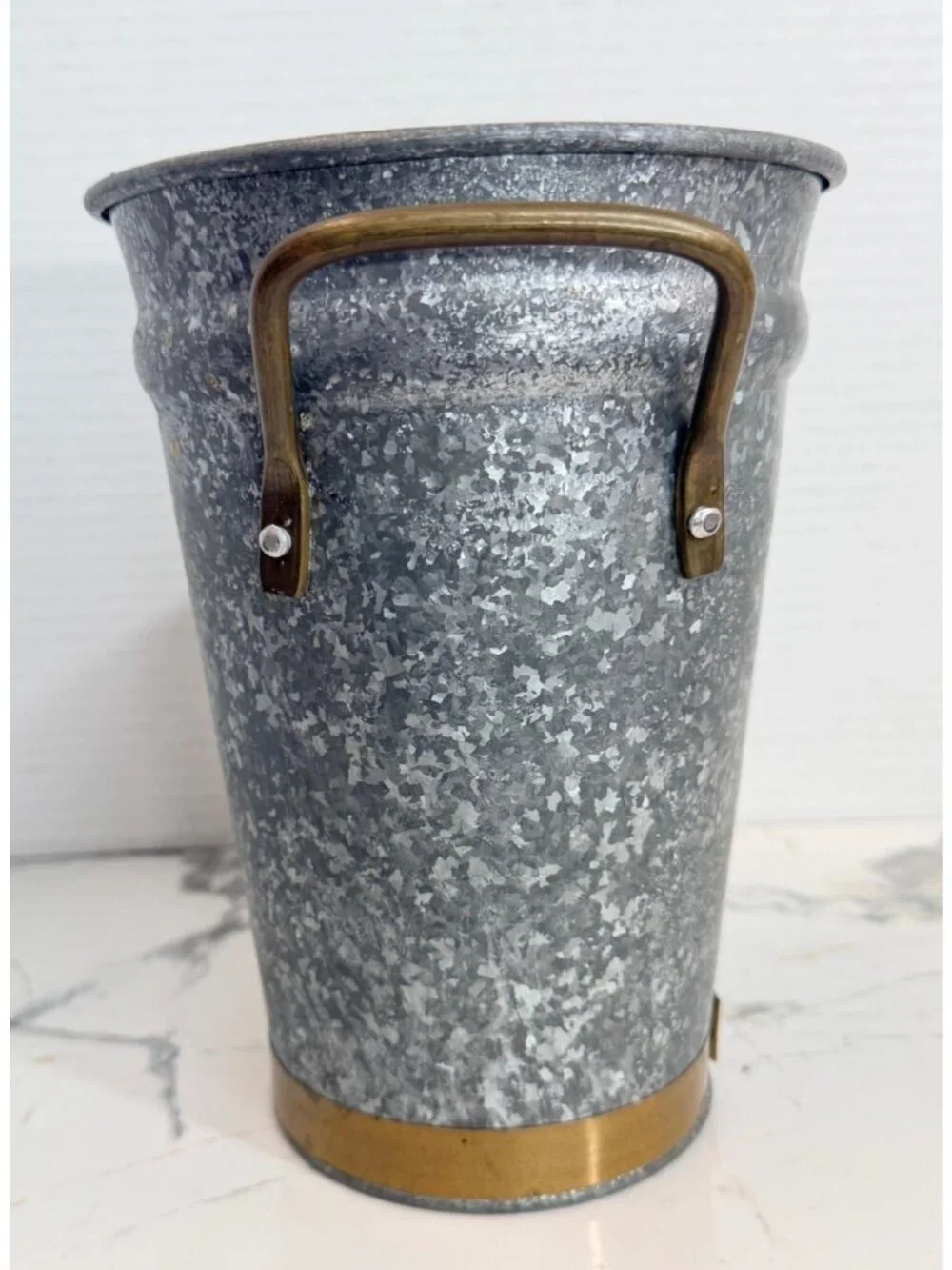 Vintage Galvanized French Flower Bucket Vase Brass Handles Rim Made in Slovakia